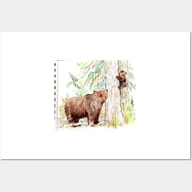 Grizzly Bear mom and cub sketchbook version Wall Art by sadnettles